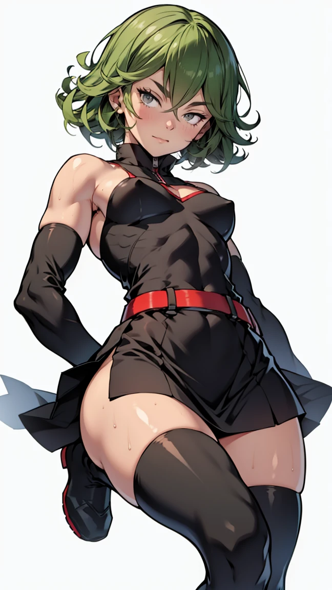 masterpiece,best quality,extreme detail,8k,(white background),<lora:gwendrama:0.8>,gwendrama,1girl,solo,breasts,short hair,bangs,skirt,large breasts,simple background,thighhighs,long sleeves,white background,navel,cleavage,medium breasts,boots,green hair,choker,midriff,black thighhighs,miniskirt,black skirt,black eyes,two-tone hair,streaked hair,looking to the side,makeup,black choker,knee boots,lipstick,wide hips,microskirt,green lips,