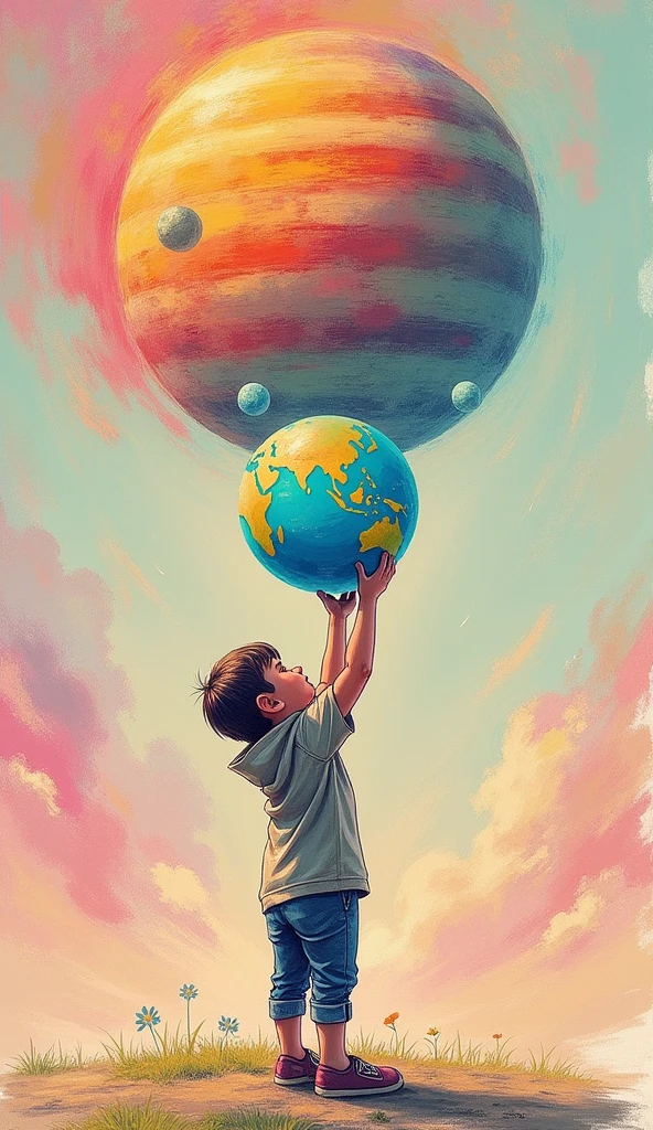 Photoréalism , garcon qui lance la planète terre comme si c'etait une balle de base-ball