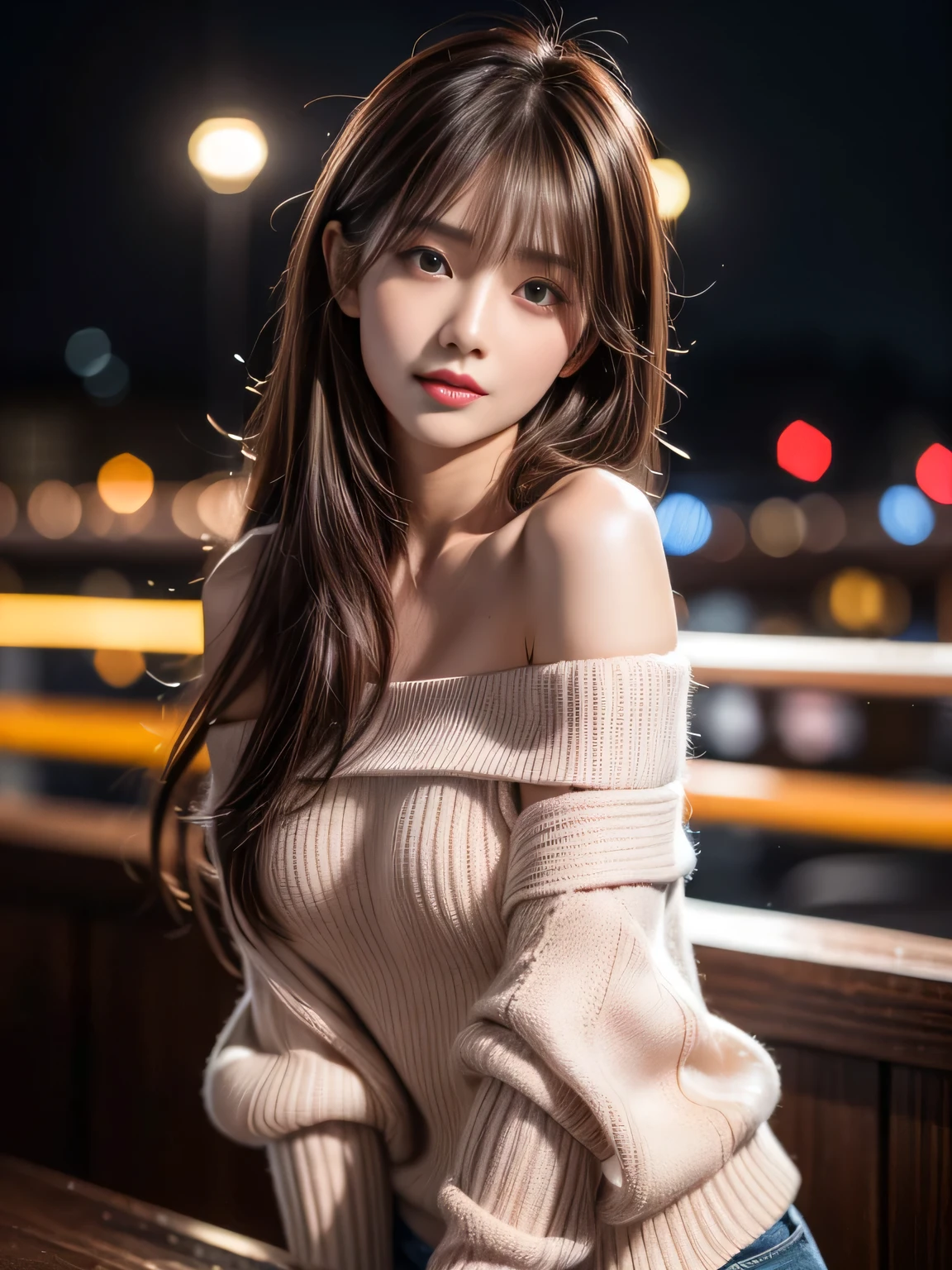 masterpiece, best quality, ultra-detailed, unity 8k wallpaper, hyper detailed, realistic, sharp features, highly detailed, professional quality, Photorealistic, hyper realistic, high resolution, Taiwanese Model, Beautiful Taiwanese girl, (19yo:1.3), (everyday makeup, neutral tones), sophisticated look, Perfect facial features, Beautiful Face, Glossy lip, (pink blush pink), symmetrically eyes, Highly detailed face and skin texture, perfect limbs, perfect anatomy, (chestnut brown hair chestnut brown), diagonal bangs, (sexy face:1.2), cowboy shot, Neat clothes, (Black shirt:1.2), (off-the-shoulder top:1.2), City lights at night, (shyly smiling:0.9),
