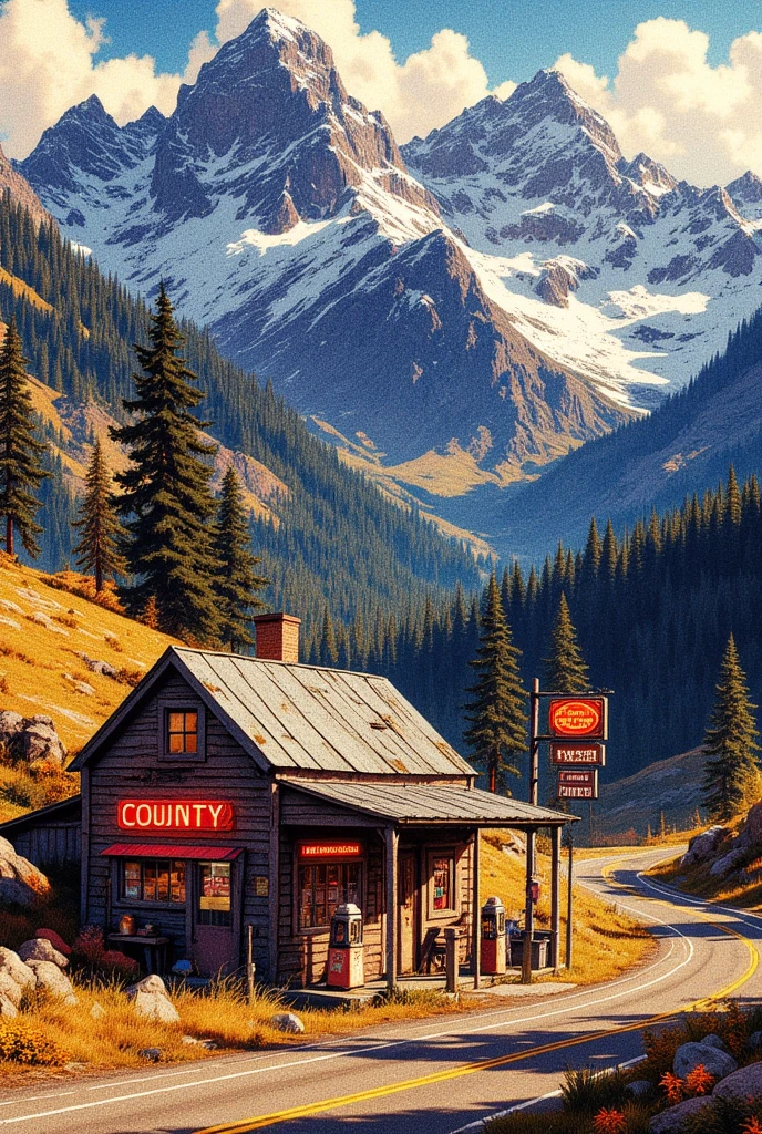 A gas station nestled on a mountainous country road　