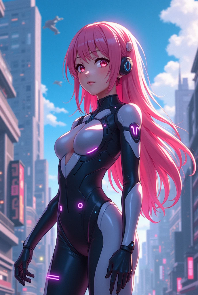 Narmaya stands in a futuristic cyberpunk city. She's wearing a revealing tight fitting white bodysuit that accentuates her large breasts and buttocks. She has numerous cybernetic enhancements attached to her body. A dismal cyberpunk landscape is slightly visible in the background behind her. The image is life-like and semi-realistic. Extreme detail has been put into the shading. Extensive detail has been put into making Narmaya the focal point and making her features clear and detailed. It's a masterpiece of cyberpunk art. (masterpiece), best quality, expressive eyes, perfect face, cybernetic enhancements, cybernetic augmentation, seductive, cyberpunk, 8k, absurdres, narmaya, pink hair, blue eye with pink pupil, hair over eye, draph, brown horns, butterfly hair clip,