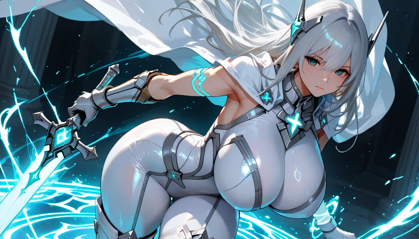 1 woman wearing armor, big bulky futuristic armor,slim leg pieces),(best quality),(Super detailed),fantasy, Large Breasts,
Practical, dim mechanical battlefield , In battle,Electric light flowing around,flash in hand,In Action,silver long hair,Gray eyes,cleavage,