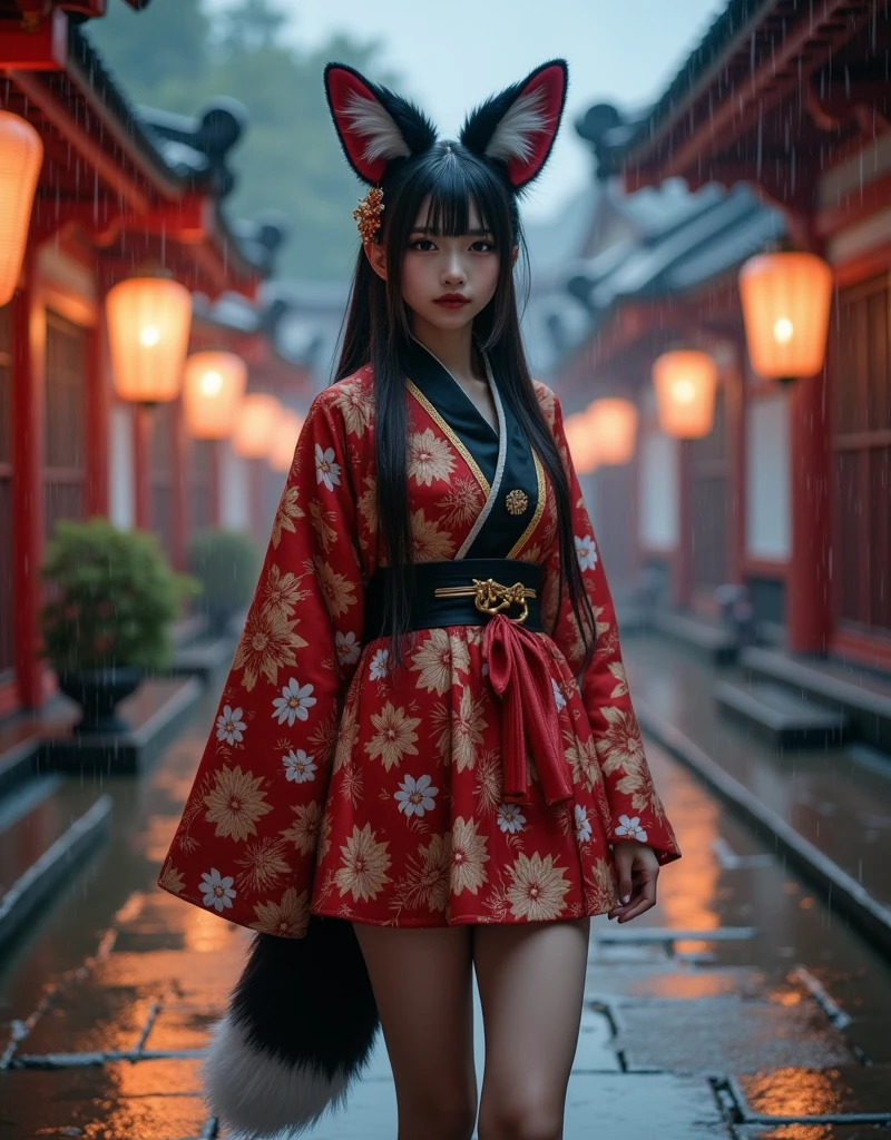 full-body portrait, a fox-eared girl with a fluffy fox tail, standing quietly in a rainy shrine courtyard at dusk, wearing a red and gold mini-skirt yukata with floral embroidery, modest upper design with high collar, long black hair with golden ornaments, black and red fluffy fox ears, wet stone pavement reflecting lantern light, soft falling rain, mist in the background, calm and lonely atmosphere, cinematic lighting, photorealistic, ultra-detailed, 8k, masterpiece, best quality, photorealistic:1.5, ultra-detailed:1.3