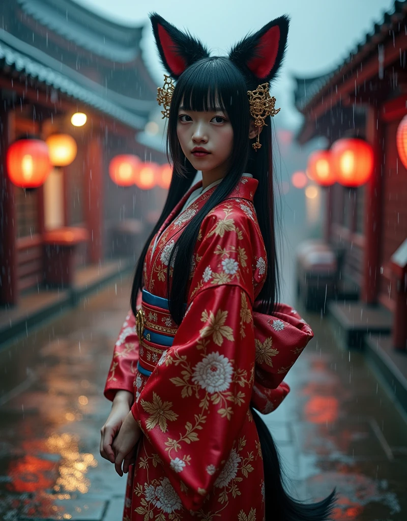 full-body portrait, a fox-eared girl with a fluffy fox tail, standing quietly in a rainy shrine courtyard at dusk, wearing a red and gold mini-skirt yukata with floral embroidery, modest upper design with high collar, long black hair with golden ornaments, black and red fluffy fox ears, wet stone pavement reflecting lantern light, soft falling rain, mist in the background, calm and lonely atmosphere, cinematic lighting, photorealistic, ultra-detailed, 8k, masterpiece, best quality, photorealistic:1.5, ultra-detailed:1.3