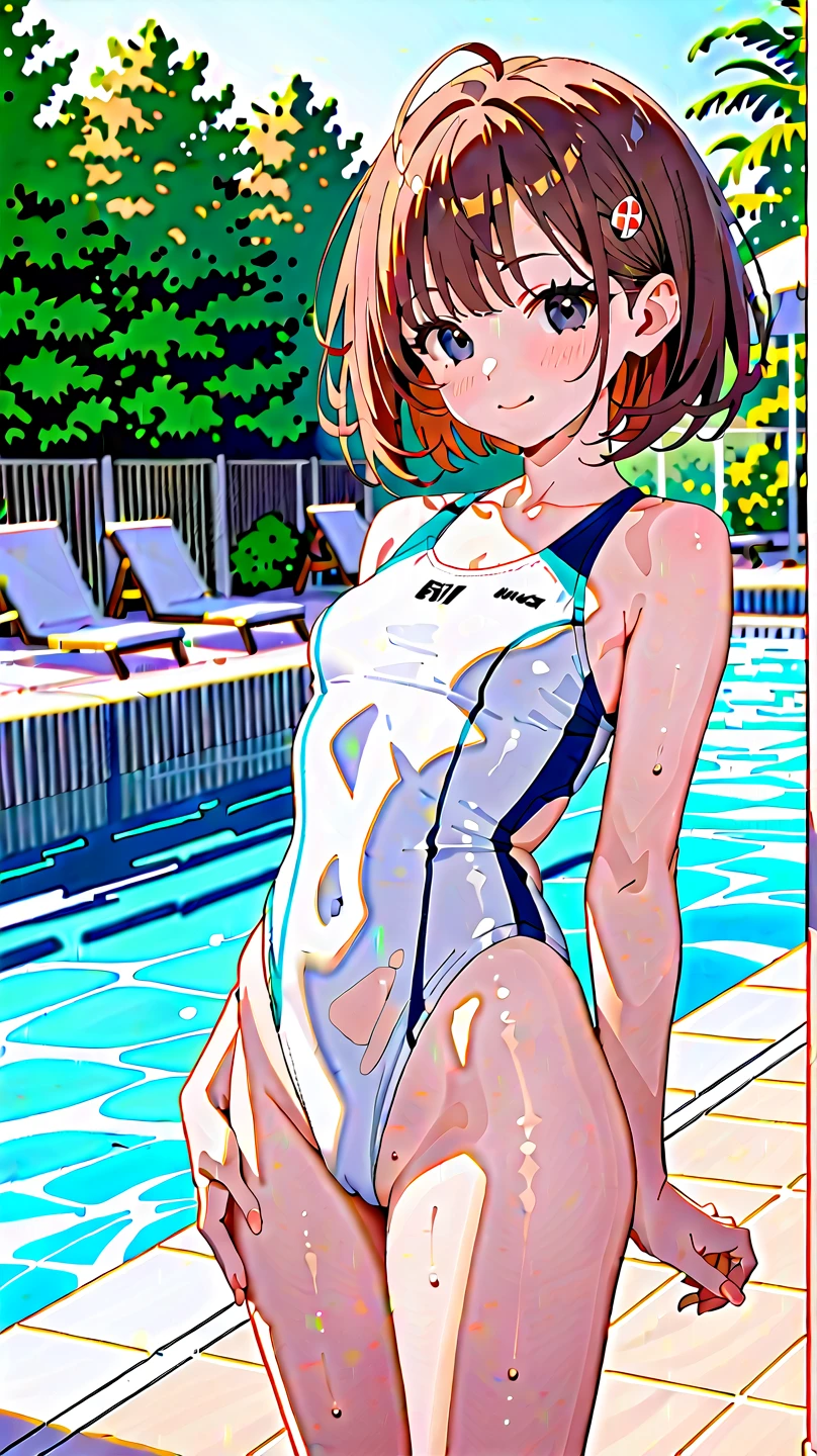 one-piece swimsuit, strap slip、Chestnut Hair、Swimwear、Ocean、one-piece swimsuit, strap slip、Sandy Beach、Wet、Blushing、
