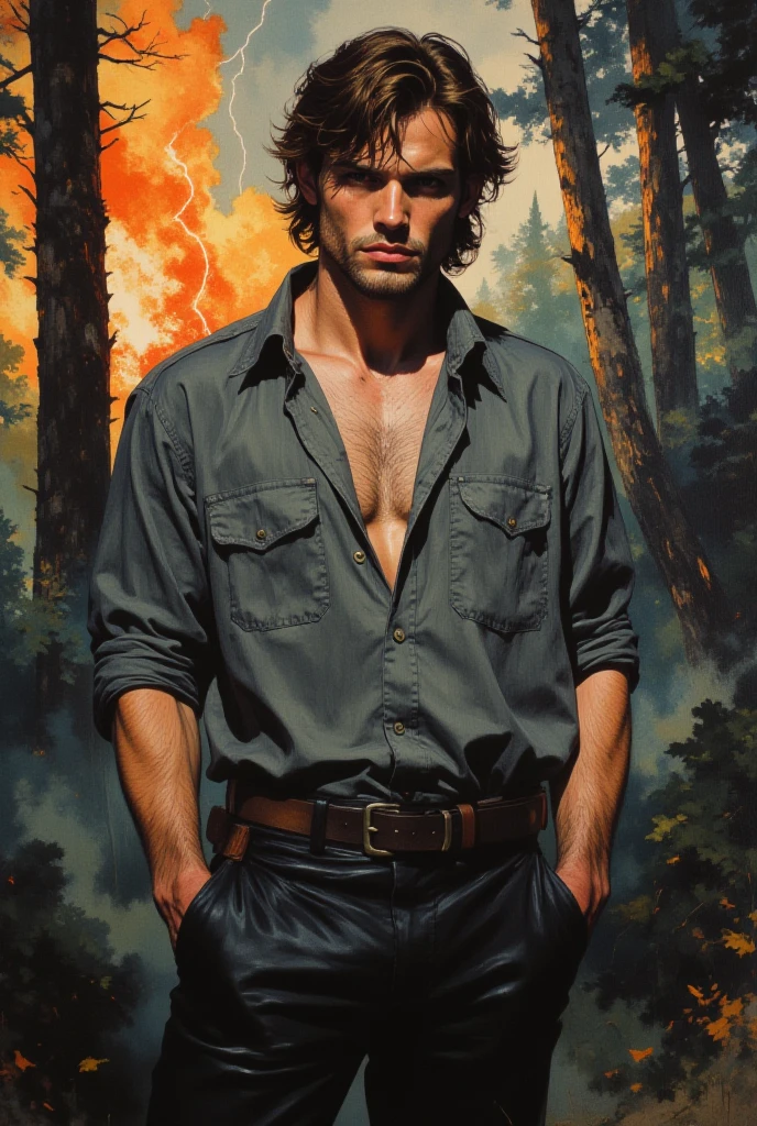 oil painting, sexy brutal man, 25 years old, brunette, shoulder length hair, black leather history pants, gray silk button-down shirt, watercolor background of a gloomy forest, black fog, dynamic pose, roaring magic around, fire, lightning in the sky, portrait, looking straight into the camera, large strokes, high quality details