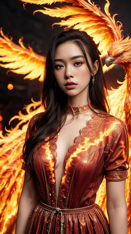 (((work of art, best qualityer: 1.2), A girl with phoenix wings standing in a ring of fire, beautiful and symmetrical face, with bright red eyes, phoenix, lotus flowers, red rose gold, gold mini underwear, Mountain sunrise to the bottom, Ancient porcelain buildings))