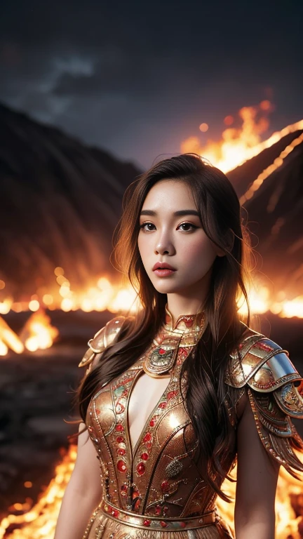 ulzang-6500-v1.1, (RAW photo:1.2), (Photorealistic:1.4), (full body)), Beautiful detailed girl, Very detailed eyes and face, Beautiful detailed eyes, Super detailed, high resolution, Very detailed, Best quality, Masterpiece, ((Intricate details)), perfect figure, ((wearing red full body armor, very detailed)), sparkling jewelry. (( Phoenix of Sora)), flies overhead. ((landscape surrounded by fire and lava)).