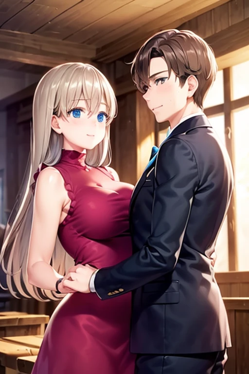 masterpiece, best quality, 2girls, anya (spy x family), multiple girls, 1boy, female , pink hair, flower, blush, green eyes, jewelry, smile, , hairband, closed eyes, shirt, dress, earrings, sparkle, open mouth, black dress