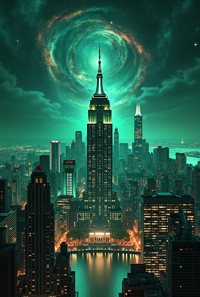 create a background for a pro wrestling show without people with the main colors green and black, with a city inspired by Philadelphia with the Liberty Bell and astronomical elements