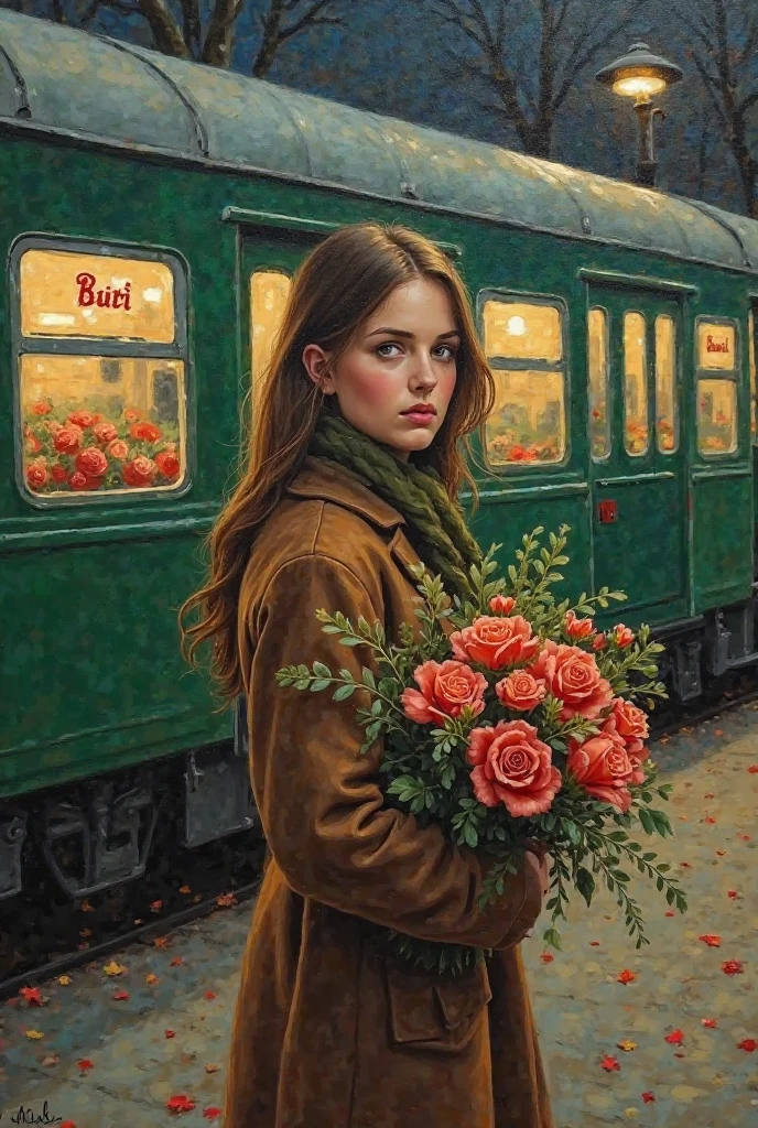 Painting, oil painting, иллюстрация, girl, brown hair,  stands upright, Looking at the camera, stands at night near the green train at the station, the girl has a beautiful bouquet in her hands,   outside autumn 