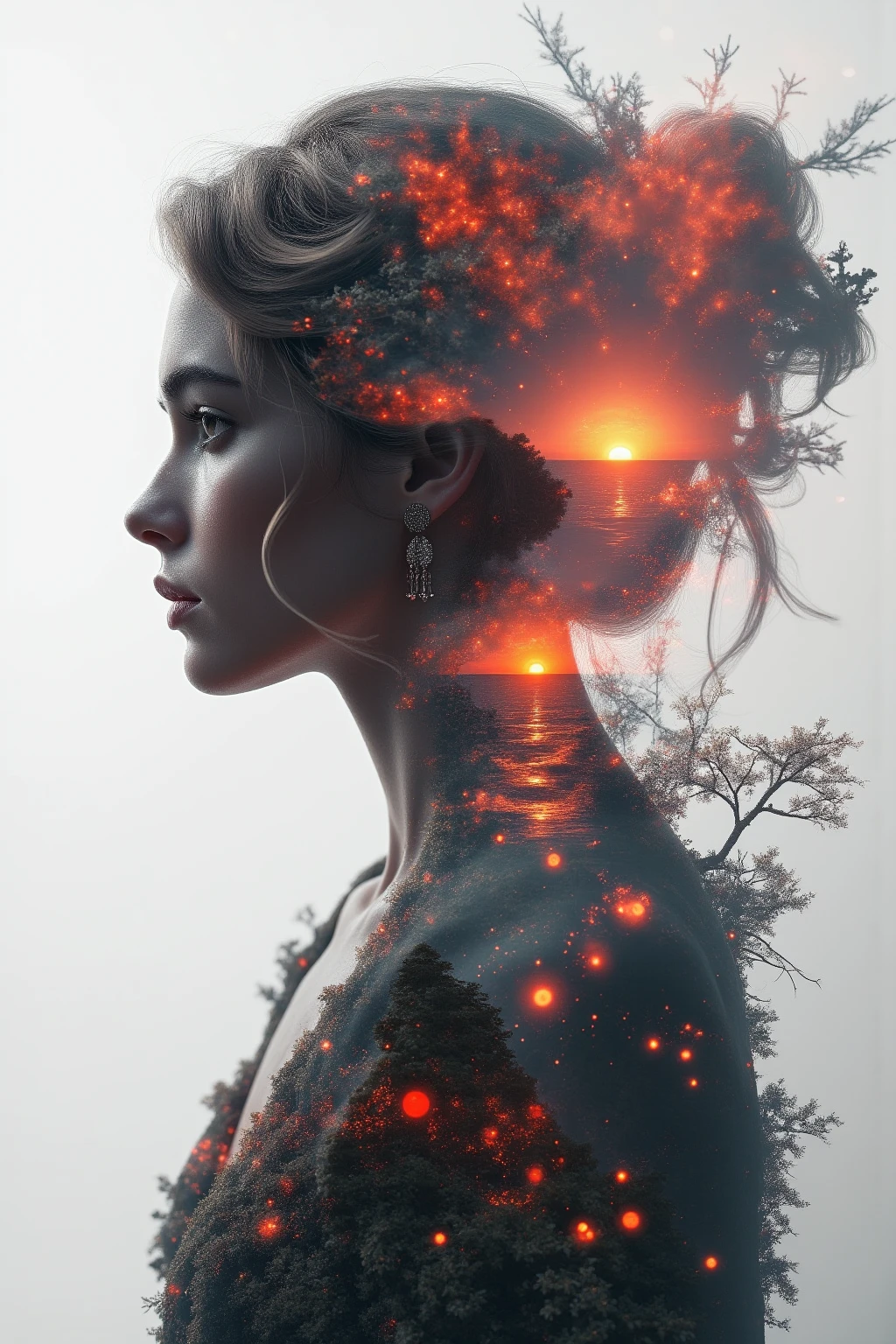 high quality, 8K Ultra HD, A beautiful double exposure that combines an goddess silhouette with sunset coast, sunset coast should serve as the underlying backdrop, with its details incorporated into the goddess , crisp lines, The background is monochrome, sharp focus, double exposure, by yukisakura, awesome full color,