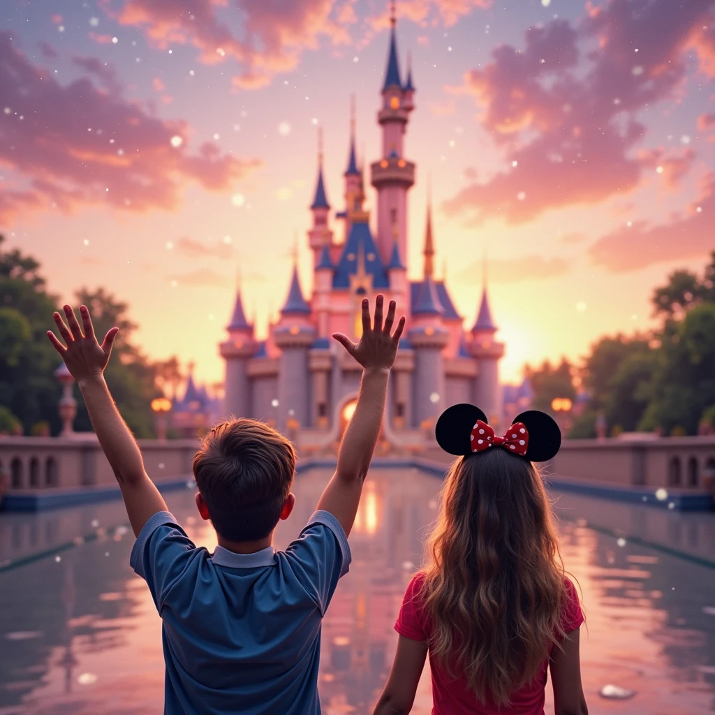 two children standing next to each other while having fun, колесо обозрения  с Микки Маус Disneyland, Disneyland, Disneyland as backdrop, dream world, kissing together cutely, background is Disneyland колесо обозрения, detailing , Clear picture, best quality profile picture, Disney 8 K photo, 