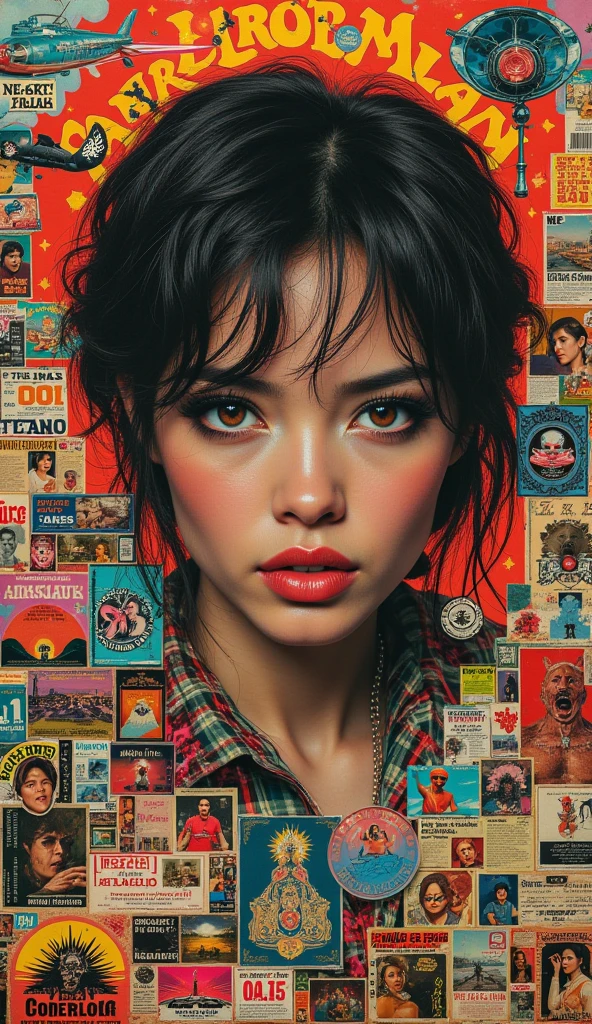 masterpiece, 4k, very detailed cover art of a 70's magazine, with intricate collage art from the era,