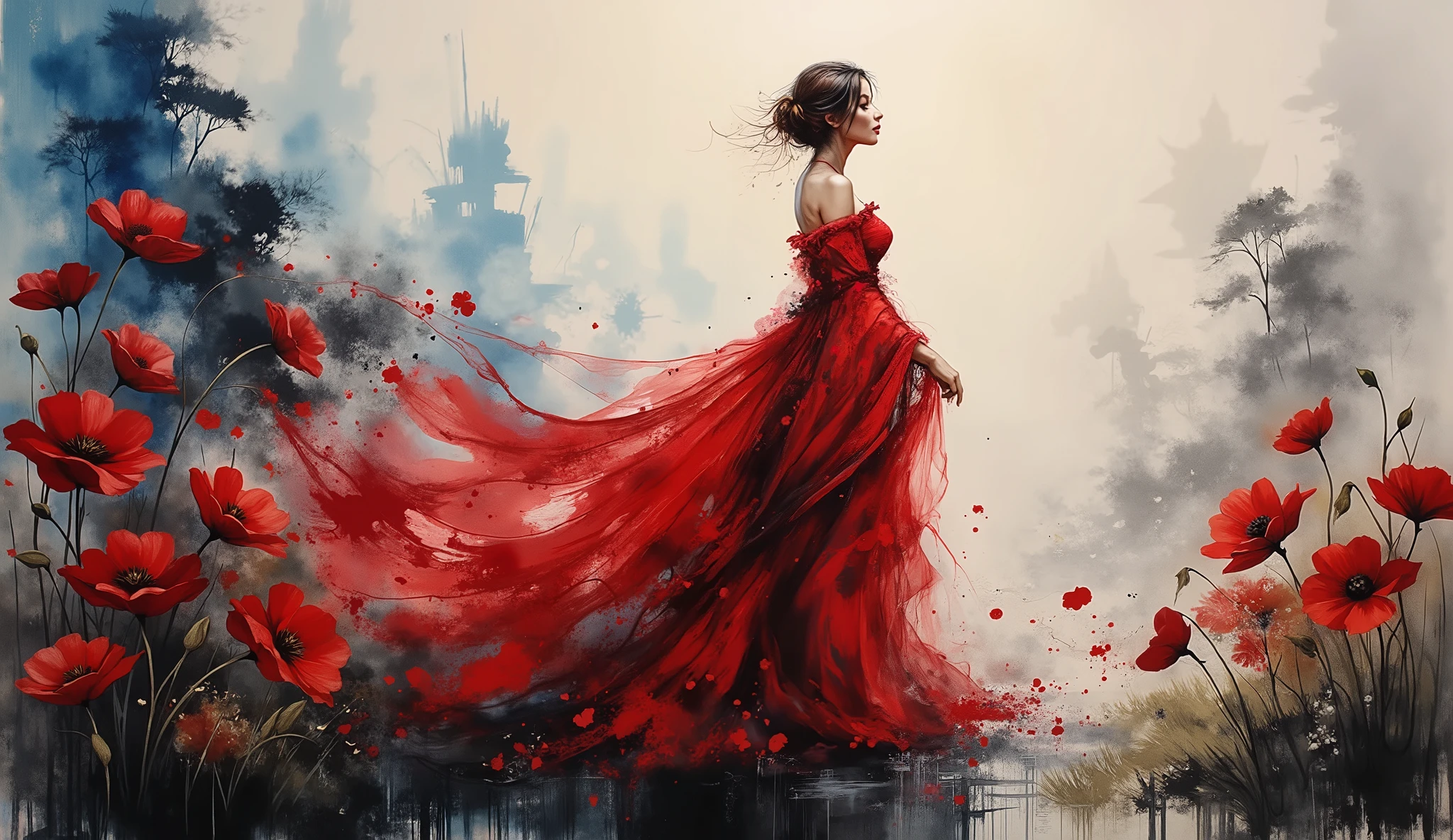 painting of a woman in a flowing red dress, blue and white background with huge poppies at the bottom, Lots of poppies, intricate oil  painting artwork,  Detailed oil painting in 4K, detailed painting 4K, intricate and intense oil paint, artistic painting, oil painting in modern style, intricate and wet oil paint, intricate oil  ,  Covered in oil paint , detailed and oil painting,   extremely detailed oil painting  . 
Abstract art of a female figure rendered in red, brushstrokes of textured paint, with a dynamic dress that makes the transition from red and gold to blue and silver through poppies embossed all over the skirt. The painting captures the movement of the dress as it flows and merges with the background,  creating a sense of movement and fluidity . The silhouette is placed against a textured background with layers, colored poppies in shades of red and gold., ranging from gray to blue. The composition evokes a sense of mystery and transformation, with the play of light and shadow enhancing the three-dimensional effects of the paint