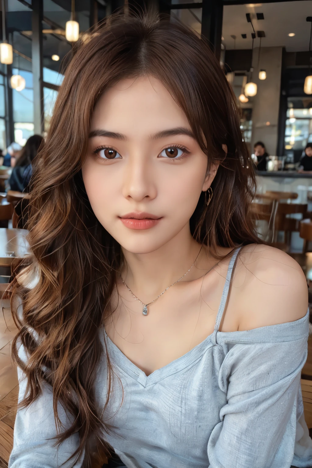((Masterpiece, high quality, super detailed, 8k, RAW Photo, hyper-realistic)), 1 girl, long wavy hair, ((brown ombre hair)), Perfect face, thin face ((lying silkworm eyes)), shinny skin, long sleeve t-shirt, off shoulder, in modern cafe, look at the camera, slim body, perfect eyes, big nose, wearing necklace with pendant, earings