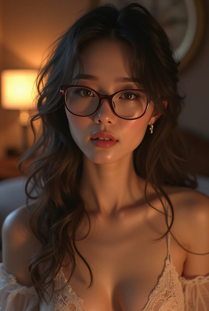 8K, RAW photo,high quality, realistic, professional lighting, face lighting, depth of field, monofocal, full body, 29 years old woman, brown hair, brown eyes, small head, perfect chest shape, beautiful eyes, real face, real skin, textured skin, wearing glasses, pantyhose, tease, on balcony