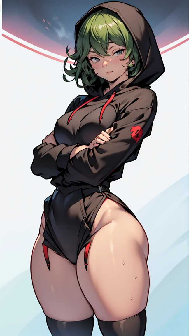 muscular girl thick breasts black hair yellow eyes pale skin best quality sad frown