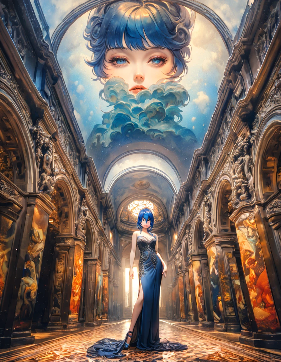 realistic collage anime-painting-photo-film surrealist collage inspired by the works of Raphael,a surrealist composition illustrating modern hell, there are holographic reflections in the background, impression of an image in which the viewer can dive, 8K reflections,kinematic filter, borderless collage