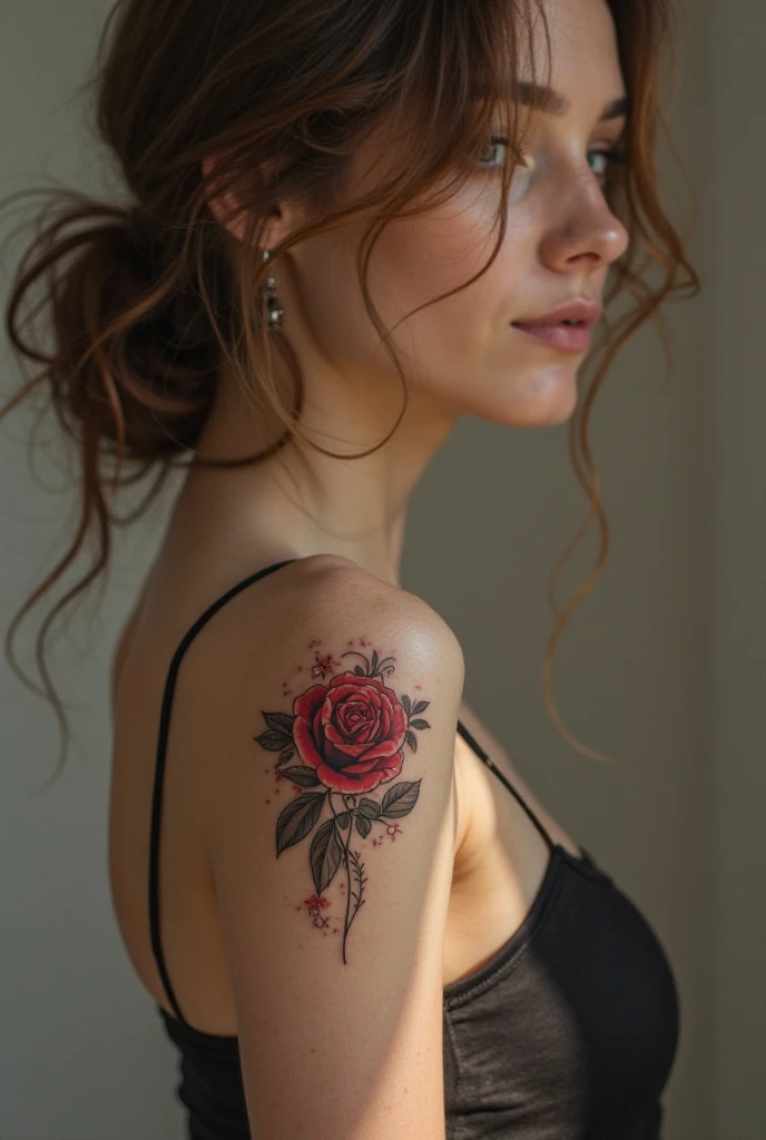 Woman's back view in a halter neck dress has a single rose tattooed on her back