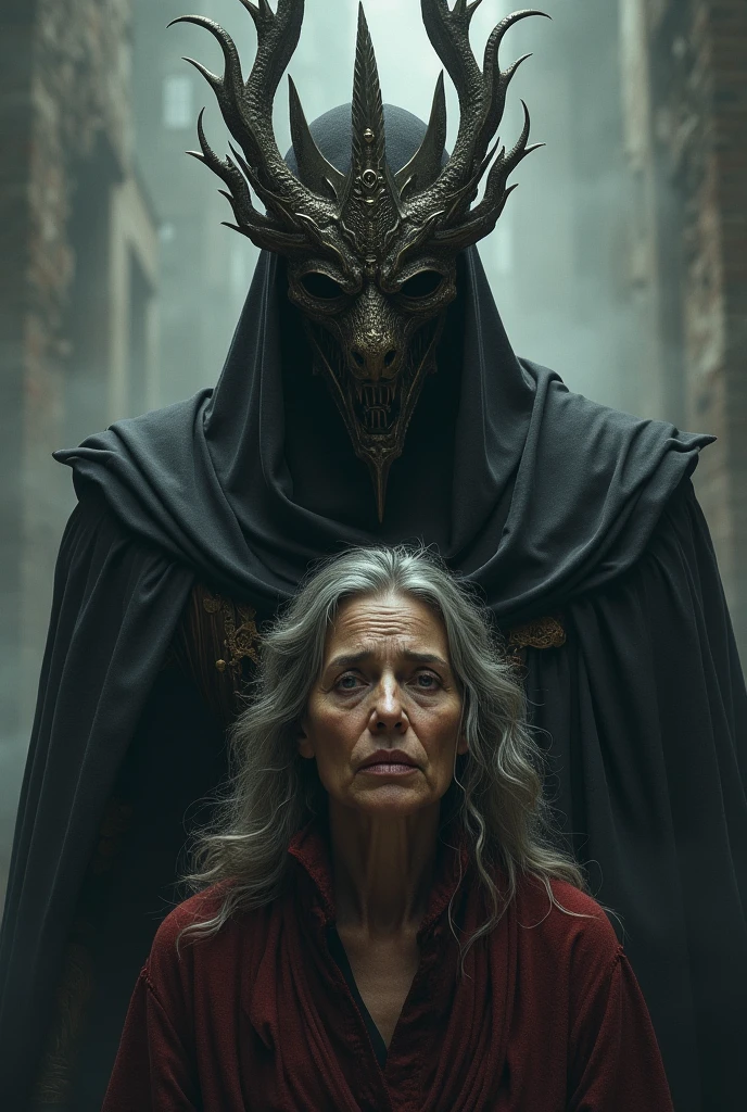 Karol wearing a dragon crown and a steel mask, leaving a weeping woman named Karol is an aged musk