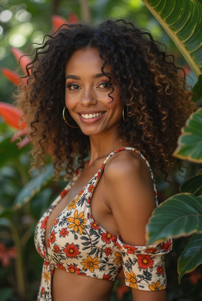 A Brazilian woman in a lush tropical garden, wearing an open shirt with a floral print, with a close-up capturing the harmonious beauty between her breasts and the natural flowers, showing off your natural charm and outgoing personality.