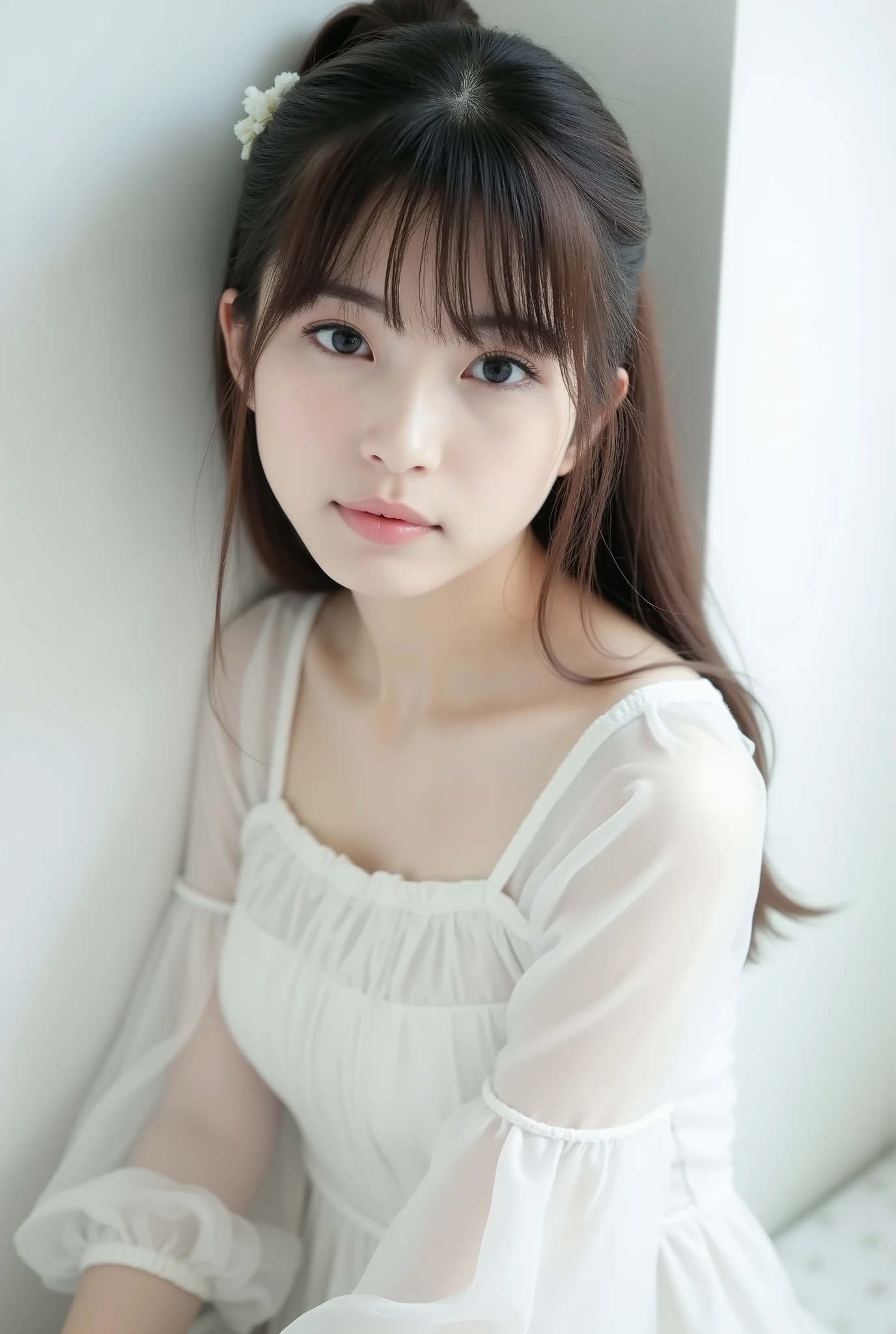 Create a photo collection featuring a beautiful Japanese idol girl with fair skin. She has long, straight hair styled in a ponytail with bangs. She is wearing a pristine white dress, set against a white room with white walls. The atmosphere conveys a melancholic rainy day, capturing a poetic essence as she sits in a corner of the room, embodying both elegance and fragility. Emphasize her purity and transparency to enhance her delicate charm.