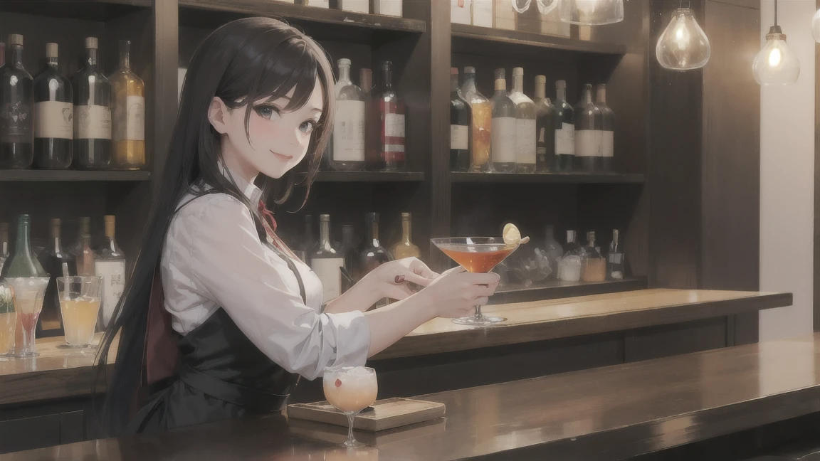 Photorealistic、Highest quality、Highest Resolution、Highest quality、８Ｋ、Beautiful woman、smile、Smile、looks fun、Stylish bar、Many customers、wine、cheers、