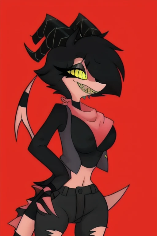 (best quality, masterpiece1.2), 1girl, solo, antro, cally3d, punk girl, club, (black body), (ink darling), horns, black horns, sharp teeth, devil tail, (writing on tank top that says "Darling"), devil tank top, risqué shorts, blush, woman, black eyes, (black sclera), white face, sexy, detailed, extreme detail, perfect lighting, 4k, open mouth, ink black body, arms down, surreal elements, intricate details, intricate details, (mature woman), tall, slim waist, cleavage, collar 