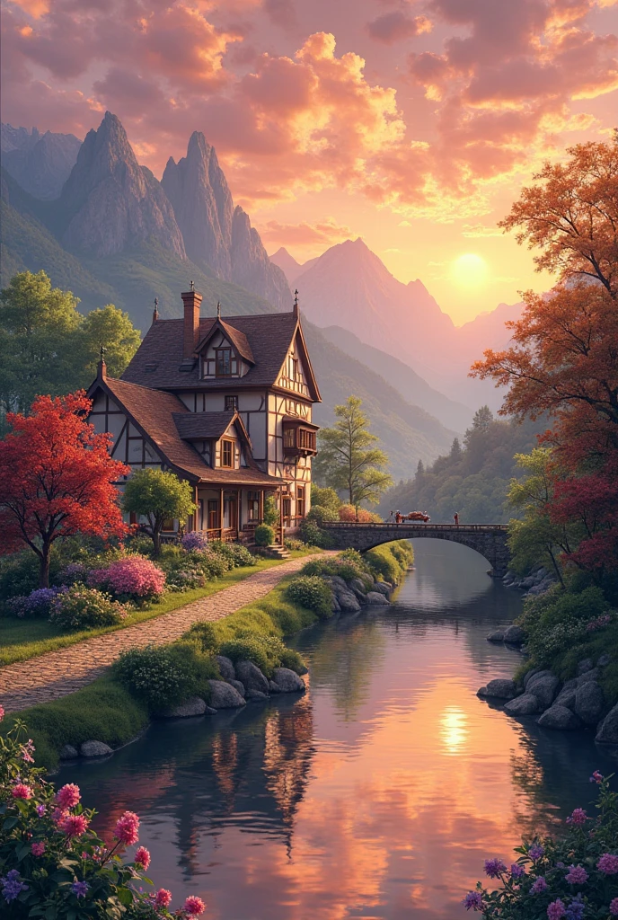 a small village by the river, mountains in the background, floral flowers colorful, detailed landscape, Beautiful natural landscapes, atmospheric lighting, scorching sunset, warm colours, practical, photopractical, Detailed Foliage, complex buildings, cobblestone street, Charming country house, swirly vibrant colors, lush vegetation, Still water reflections, Picturesque, idyllic, work of art, best qualityer, 8k, extremely detaild,anime styling