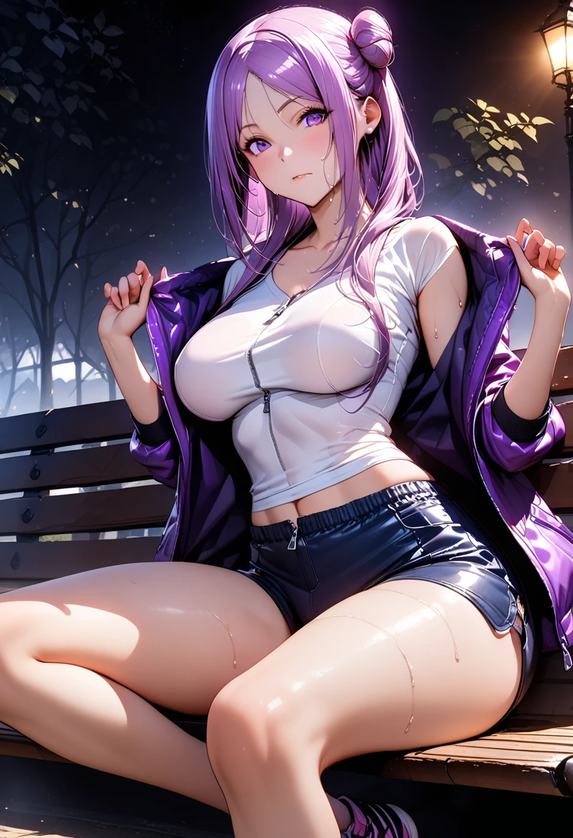 1girl, rolling eyes, , full body, sweat, blush <lora:hoodie:1>, naked hoodie, collarbone, unzipped, navel, hood up, hand in pocket, rolling eyes, ahegao, tongue out, drooling, saliva,  <lora:aheago:0.6> skinny medium breasts,  sitting, street,