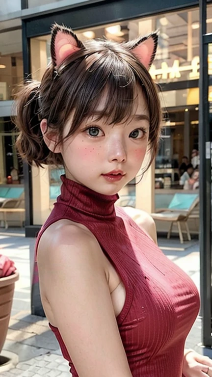 1 female,perfect 20 year old,smile:1.3,(Brown eyes),(( 8k,masterpiece,Perfect Anatomy)),Cowboy Shot,(Beautiful and exquisite face and eyes,gorgeous eyes:1.3), break ,Brown eyes, break ,Blonde:1.3,bangs, break ,smile,blush,Small breasts、break ,Are standing,on the road,Omotesando、Tokyo、((Background blur)),((Red dress))、french braid,Street Snap、