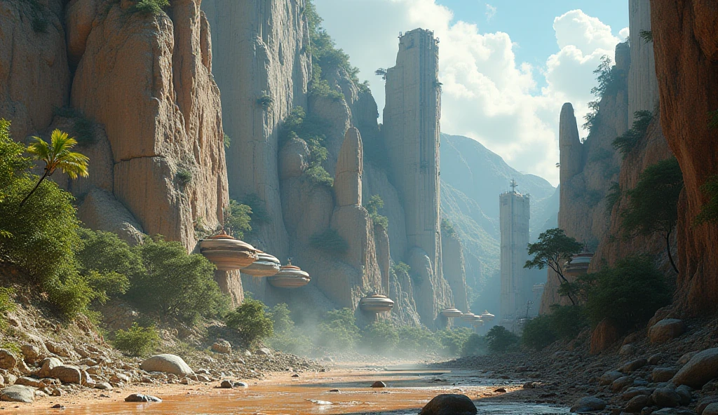 Design a hyperrealistic image in 16K of an intense one that elevates particles of dust and tropical humidity. THE CLOSE-UP OF A GENERAL PORTRAIT IS SEEN FROM A LOW ANGLE, FROM BELOW THE CYLINDERS WITH AN UPWARD VIEW OF THE ENVIRONMENT ON a tropical planet with cliffs of light gray rock, assemblages, full of natural protrusions from which CYLINDRICAL HORIZONTAL PROJECTING INSTALLATIONS EMERGE AT THE HEIGHT OF THE ROCK WALLS OF THE CURLS WITH ULTRA-TECHNOLOGICAL ALIEN REINFORCED GLASS HATCHES AND WINDOWS, WITH TRANSMISSION ANTENNAS AND PARABOLAS integrated perfectly with the environment. METALLIC LIGHT GRAY AND ORANGE, WITH RUSTY EXPOSED PARTS. From the cracks of the rock, fine crevices and falls of crystalline water descend. The atmosphere is humid and rich in vegetation. The sky is clear, lens with giant clouds floating above the stage. Captures the scene from an extremely low angle, al foot of the cliffs where the alien colony begins. It uses the optics of a Sony 16-35 mm f/4G PZ to achieve a natural but impressive perspective, with perfect depth of field that emphasizes the monumental scale of the ship. The lighting must be studio film type, highlighting metallic textures, reflections and active lights of the ship, , achieving a level of absolute hyperrealism worthy of a science fiction masterpiece.
