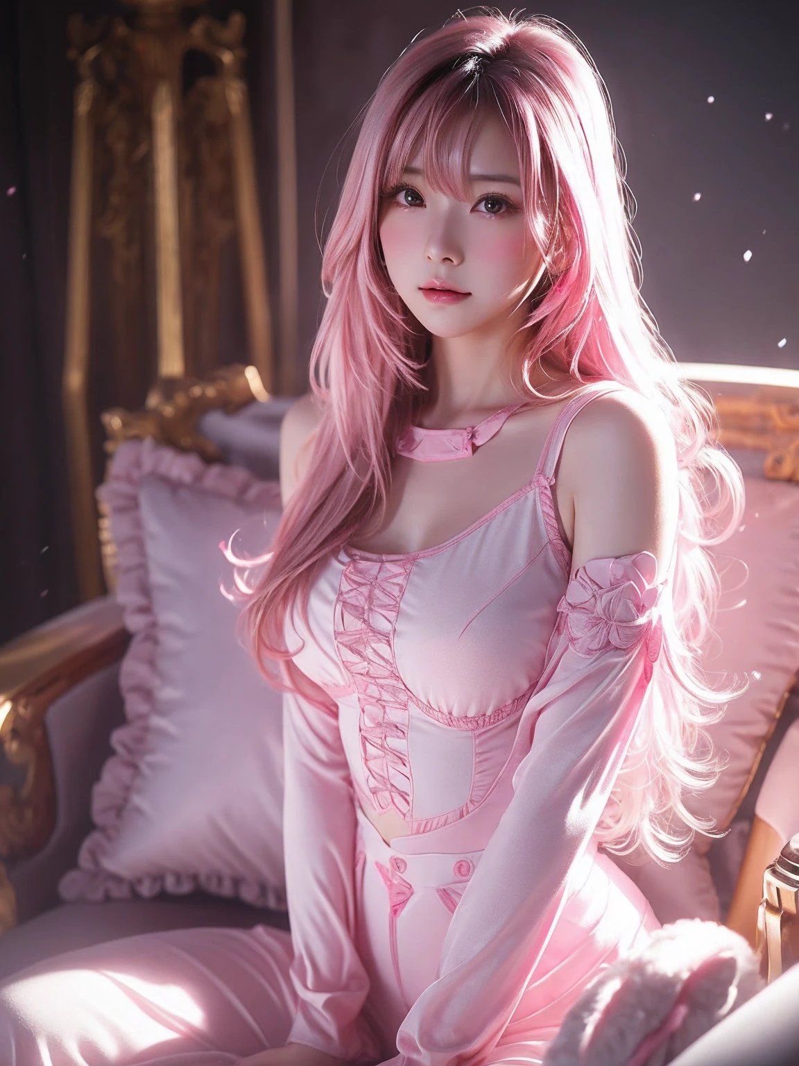 One girl,（Captivating quality：1.4），（Highest quality authentic textured skins), Delicate face,Pink twin tail hair, Perfect body：1.1），Heart-shaped choker、Long eyelashes,Clear eyes,Hyper Photorealism, Hyper HD, Tabletop，Keep dreaming，Please wear transparent silk pajamas,Fantasy Space，Pink Background,front,Closed Mouth,Dolly,anime