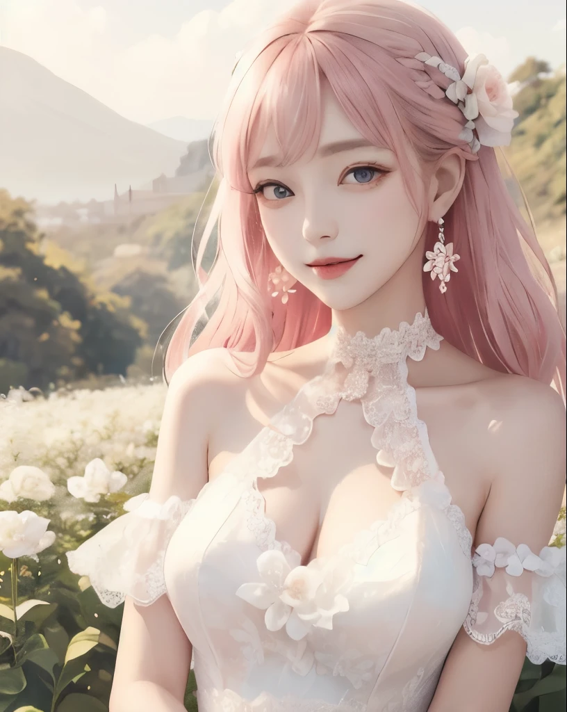 shenzi,1girl,long hair,pink hair,purple eyes,very long hair,hair_ornament,pink kimono, ((bare shoulders)), ((whole body)), actual, fashion girl, red lips, mature women, cosmetics, big eyes, beautiful eyes, ((whole body)), ((from below)), (best quality, masterpiece:1.2), Super detailed, (actual:1.37), ((Sexy long legs)), beautiful, young and energetic, Charming model with, big breasts, cleavage, (delicate eyes, Detailed lips, extremely delicate eyes), show a bright smile, Create stunning girl images, Warm colors, Extremely high color saturation, official art, Extremely detailed CG unified 8k wallpaper,(high dynamic range :1.4), (cinematic),(pastel colors, dull color, soothing tone :1.3), (natural skin texture, ultra-actual, soft light, sharp),(Very detailed), night, moonlight, ((in the mountains, plant, Leaning against the rocks))