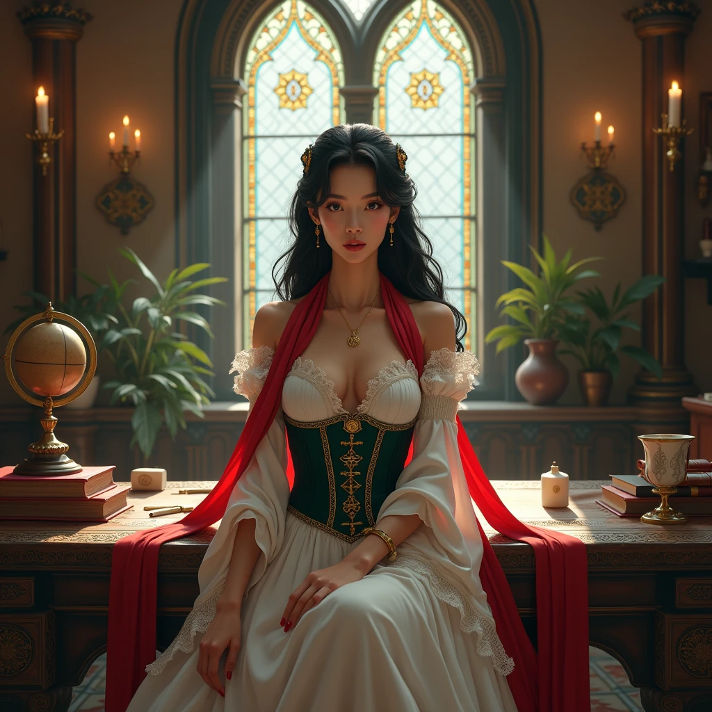 "A sophisticated and detailed digital illustration, set in an exquisite and spacious medieval office, with soft light coming in through large arched windows of stained glass.
In the center of the scene, a 30-year-old Japanese woman, extremely beautiful and enigmatic, she sits elegantly on a dark wooden table richly carved with arabesques and ancient symbols. Her crossed legs and firm posture contrast with the lightness and mystery of her expression: a serene look , slightly thoughtful and seductive, as if pondering important decisions or keeping ancient secrets.

She wears a white dress of fine fabric, fluido, with delicate lace on the sleeves and hem, complemented by a dark green corset embroidered with gold threads that accentuate her silhouette with refinement. A red scarf flows from her neck like a flame of elegance, and a discreet gold necklace with a black jewel rests subtly on her clavicle.

 Her black hair, long and silky, is pinned in a formal hairstyle with gold adornments, suggesting a magical touch or ancient nobility. Ao redor, the office is decorated with leather-bound books, sealed scrolls, ancient globes, lit chandeliers and tapestries with esoteric symbols, creating a scene of power, mystery and timeless beauty."

