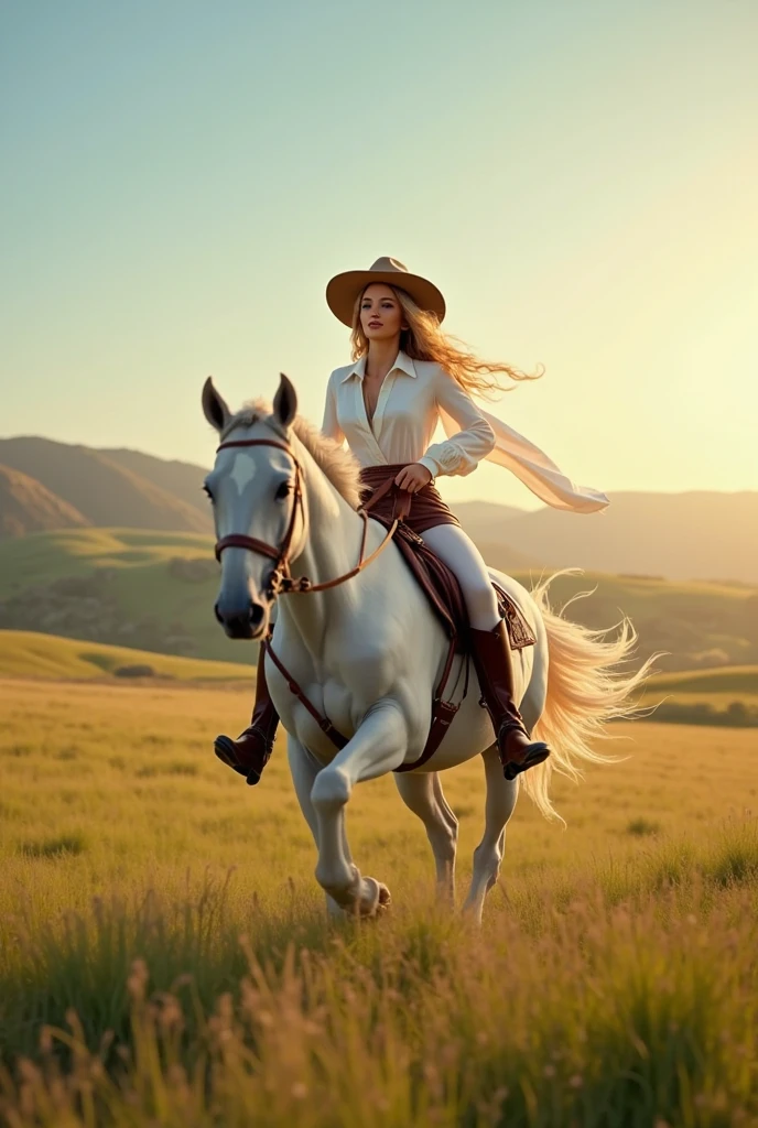 Beautiful charismatic white woman with blond hair. Horseback riding in boots and hat. In a sunset galloping over the meadows of a beautiful land.