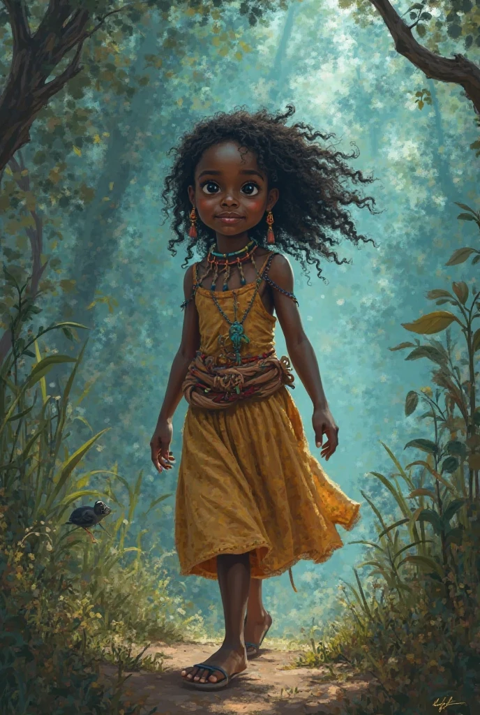 African American, 3d illustretion of A young girl, as precious pretty, 8y.o, with short fiery hair, hidden behind a weathered tree trunk, peeks out with wide, fearful eyes at a cloaked figure holding a shimmering blade. ((fearful eyes;1.2)), afraid, scared, wearing white top and black pant, oily skin