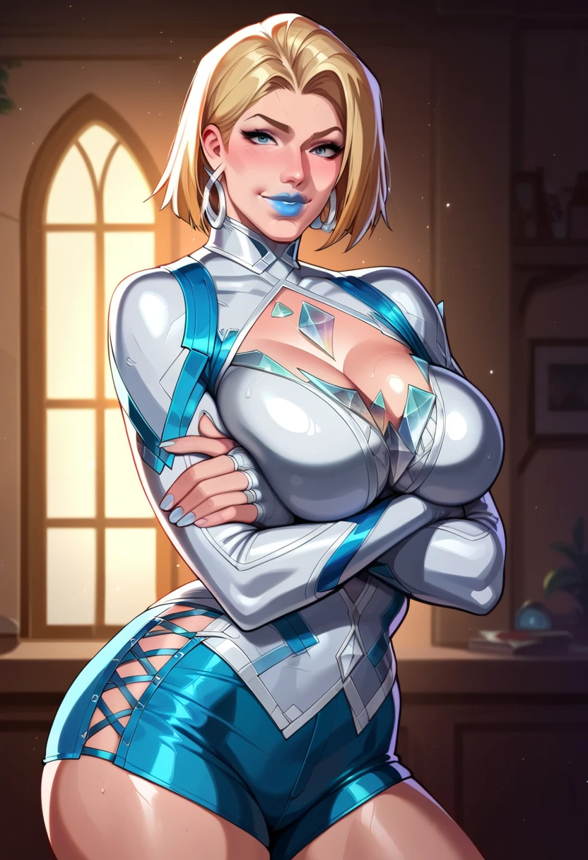 score_9, score_8_up, score_7_up, score_6_up, BREAK Twins from atomic heart, wearing black leather outfit, leather gloves, big breasts, evil smirk,holding rope, in a living room, looking at viewer