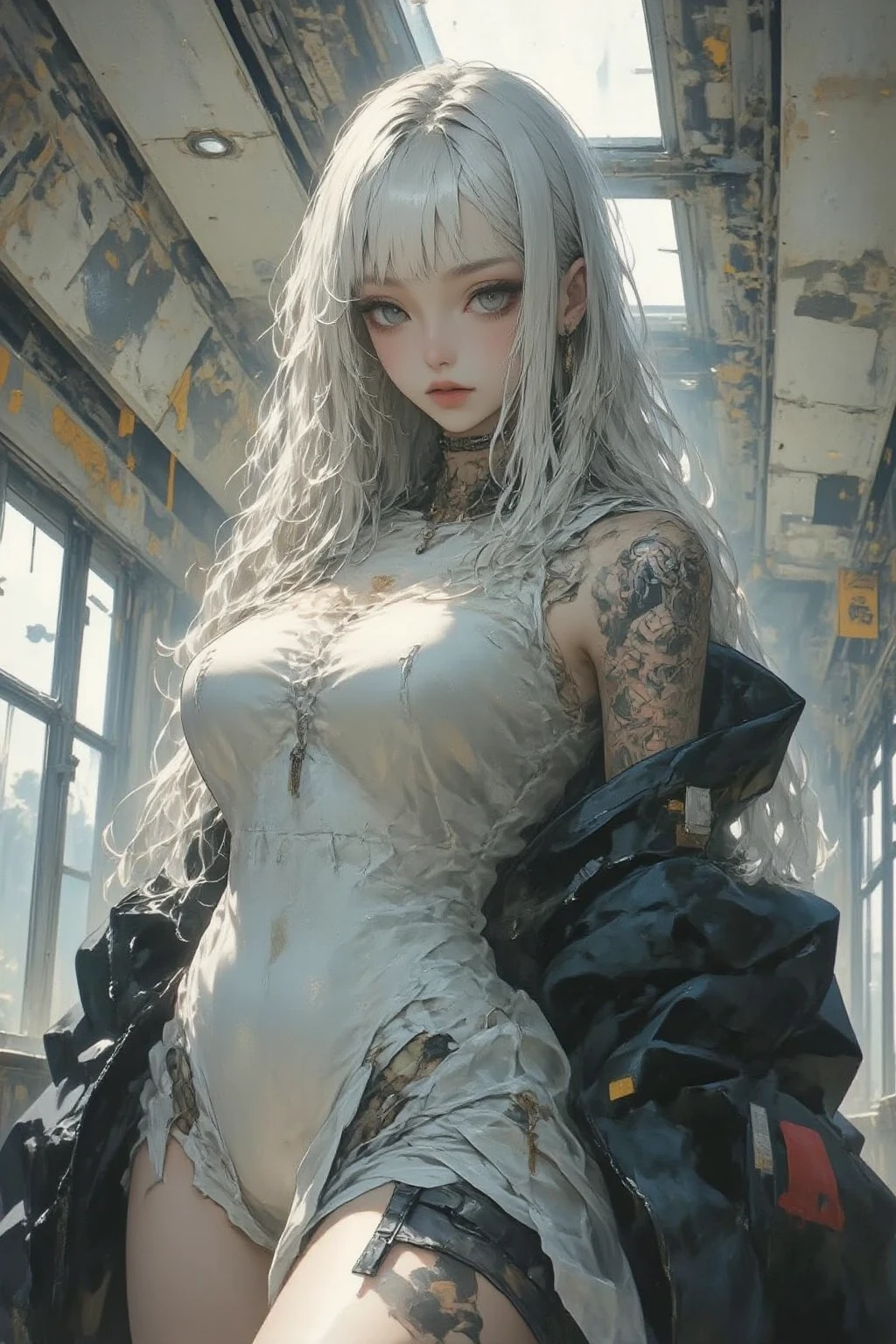 In this high-quality, black-and-white photograph, the subject is an unsettling scene of a gothic girl in tattered fishnet clothing. The girl, with her pale complexion, dark eyes, and wild, tangled hair, appears to be screaming frantically as she stands amidst a destroyed and wrecked cityscape. Her clothing, though partially see-through due to the shredded fabric, is intricately detailed, revealing fishnet patterns that suggest vulnerability while also hinting at hidden strength. The backdrop of the photograph consists of crumbling buildings and rubble, with smoke rising from various points in the distance. Fog permeates the air around her, adding an eerie atmosphere to the scene. The image captures the tension and fear present in both the girl's expression and the chaotic environment she is immersed in, creating a powerful and unsettling visual narrative that demands attention.