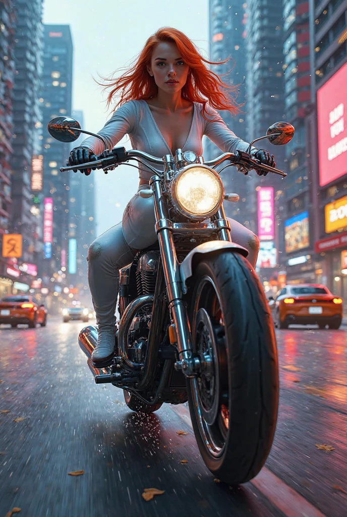 Dynamic podium: 1.3), (Realistic:1.5), (Realistic:1.4), 8k, Super delicate beauty, 1 person, Intricate body details, (short: 1.3), (Highest quality: 1.0), (Super sharp cutting edge: 1.0),（Beautiful and delicate depiction of eyes）,((((Riding on motorcycle)))),Unreal Engine:1.4, photoRealistic:1.4, Skin Texture:1.4, masterpiece:1.8,Highest quality、smile、Long limbs、((Silver jacket and long pants))、(((Redhead)))