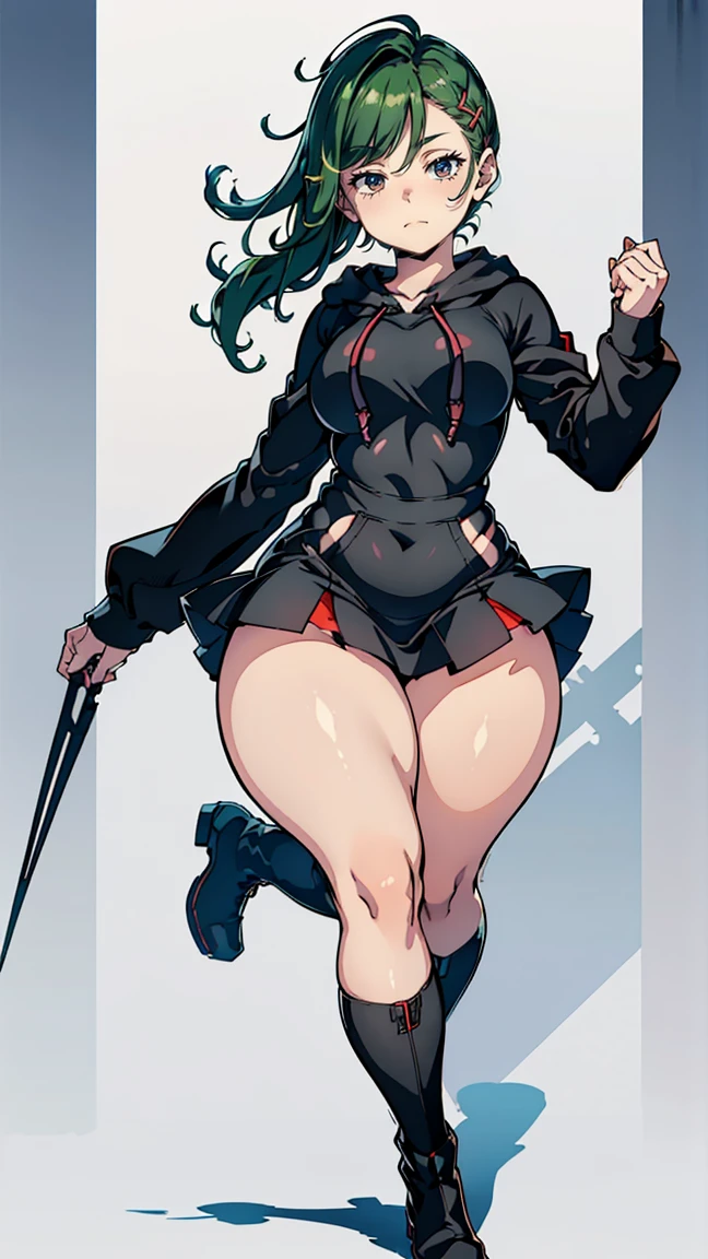  thick hips,  thick thighs, platform heels, high cut leotard, huge breast, thin waist, ponytails hair, weapon, pale skin, gun, angry look,  scream, thick body, fighting,
