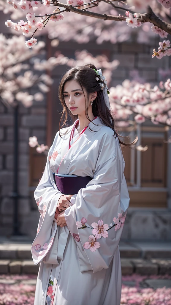 (32K, top quality, masterpiece, photorealistic, Ultra High Resolution), ((Cherry Blossom Petals, Big Cherry Blossom Tree)), very detailed skin and face textures:1.3, perfect dynamic composition:1.4, (Modern Urban Shrine Night, Expression of futility:1.2, is crying, Heartbreaking :1.0), Slim Woman, perfect style for extra thick huge ??????, Natural Makeup, white skin, (Wear a professional hakama, I have a bouquet of cherry blossoms, silver hakama ), (very beautiful face:1.0, Beautiful ?????? Eyes:0.8, overly sensual:0.8, seductive:0.8), ???? beauty, Beautiful and Sophisticated, ??????????????,   ????? gap, earrings, wedding rings, wet body, wet hair, after rain, drops of water on the skin