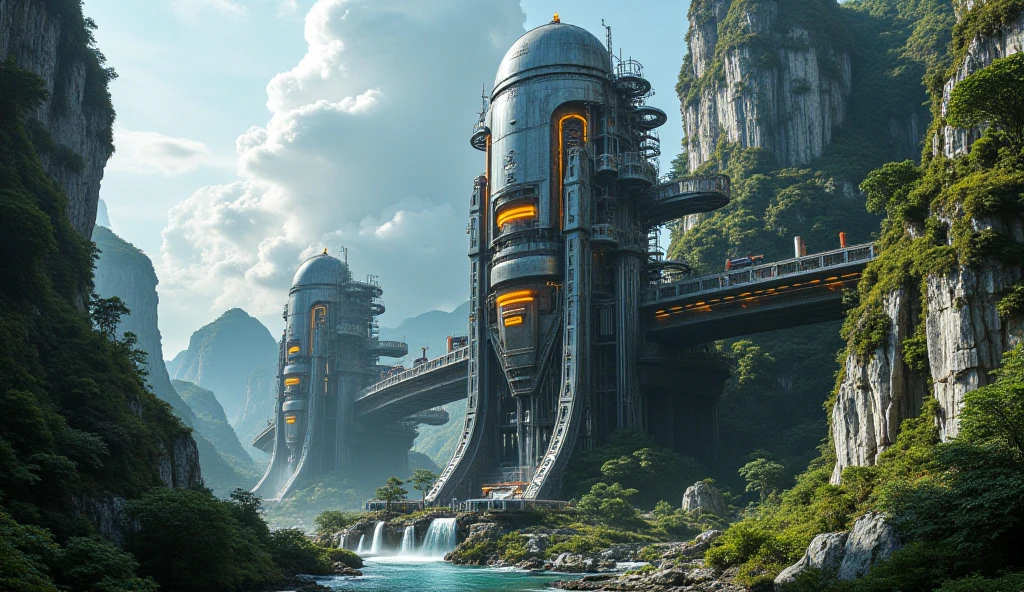Design a hyperrealistic image in 16K of an intense one that elevates particles of dust and tropical humidity. THE CLOSE-UP OF A GENERAL PORTRAIT IS SEEN FROM A LOW ANGLE, FROM BELOW THE CYLINDERS WITH AN UPWARD VIEW OF THE ENVIRONMENT ON a tropical planet with cliffs of light gray rock, assemblages, full of natural protrusions from which CYLINDRICAL INSTALLATIONS EMERGE HORIZONTAL PROTRUSIONS AT THE HEIGHT OF THE ROCK WALLS OF THE CURLS WITH HATCHES AND REINFORCED GLASS WINDOWS, ultra-technological aliens, WITH TRANSMISSION ANTENNAS AND PARABOLAS integrated perfectly with the environment. METALLIC LIGHT GRAY AND ORANGE, WITH RUSTY  PARTS. From the cracks of the rock, fine crevices and falls of crystalline water descend. The atmosphere is humid and rich in vegetation. The sky is clear, lens with giant clouds floating above the stage. Captures the scene from an extremely low angle, al foot of the cliffs where the alien colony begins. It uses the optics of a Sony 16-35 mm f/4G PZ to achieve a natural but impressive perspective, with perfect depth of field that emphasizes the monumental scale of the ship. The lighting must be studio film type, highlighting metallic textures, reflections and active lights of the ship, , achieving a level of absolute hyperrealism worthy of a science fiction masterpiece. hyper realistic, high definition and resolution , PERFECT APPROACH AND OPTIMAL MANAGEMENT OF THE DEPTH OF FIELD
