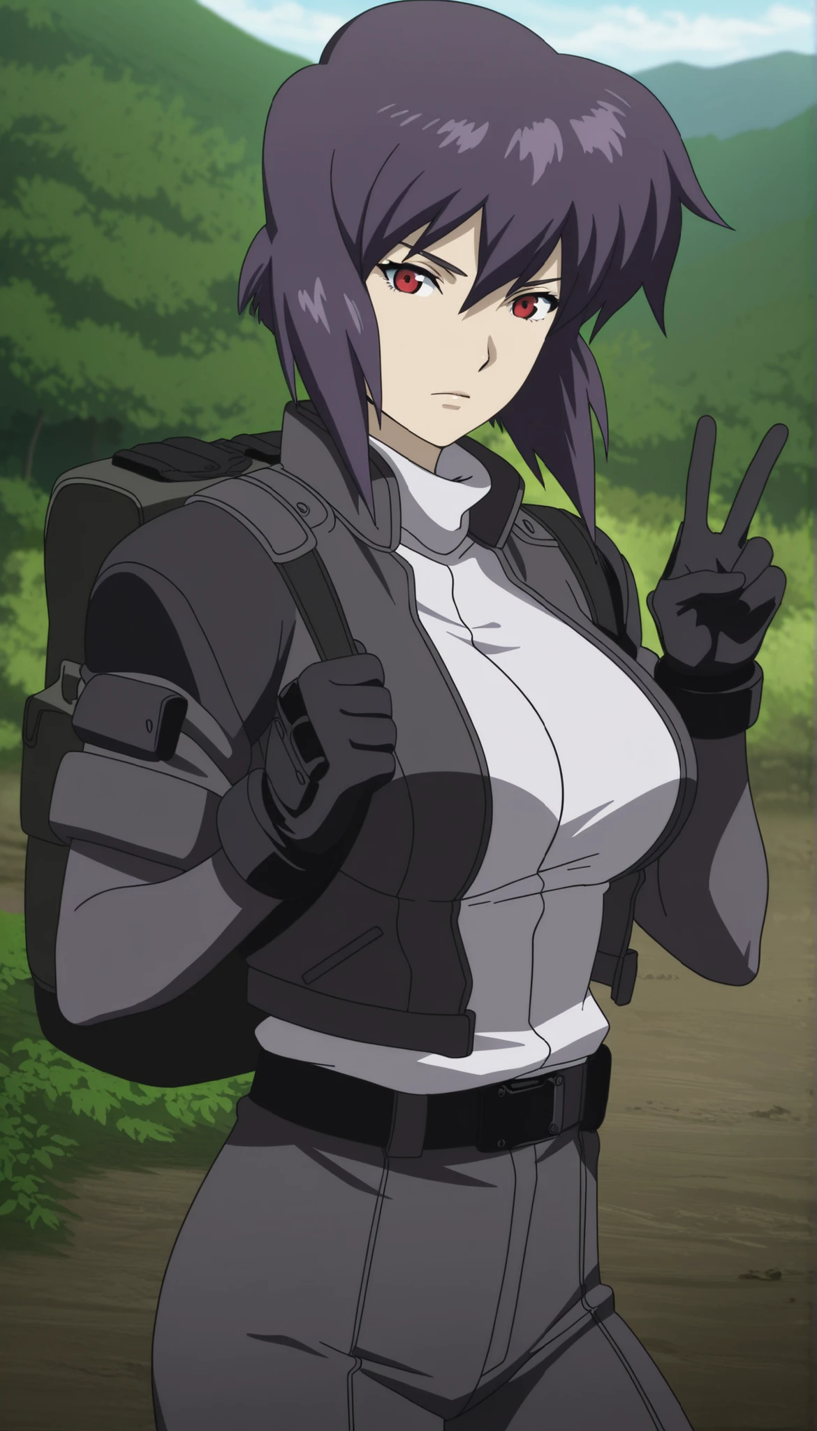 masterpiece, best quality, amazing quality,, motoko kusanagi, kusanagi motoko, short hair, large breasts, red eyes, purple hair, anime screencap, gloves, formal suit, open jacket,, white shirt, , nature, backpack, adventure, fresh air, , v, looking at viewer, solo,, cowboy shot, solo