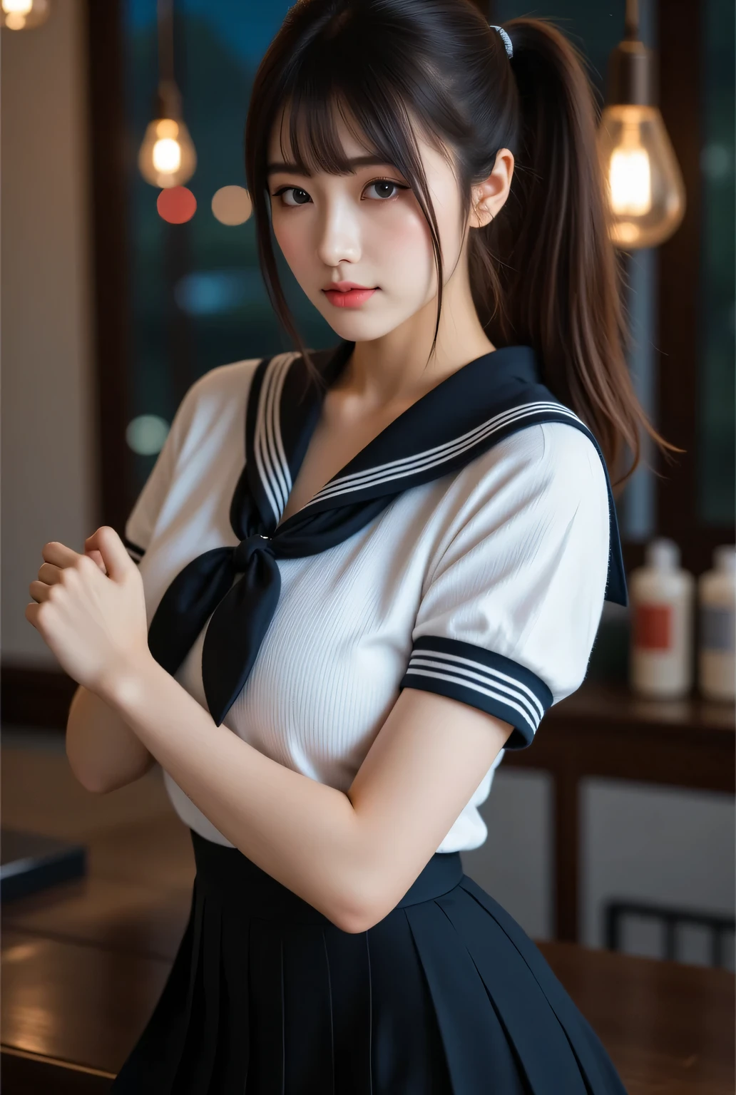 Highest quality, photo realistic, high resolution, masterpiece,
Super beautiful Japanese mature woman, 50years old, her job is a masseuse, looks like a intimidating dominatrix, closed mouth, condescending gaze, charm with gaze, staring at the viewer, long false eyelashes, makeup, short ponytail, big breasts,
Sailor uniform, sailor costume, tight-fitting short sleeves, pleated skirt,
Dimly lit high-end massage salon with an adult atmosphere late at night, massage bed, lotion bottles lined up on wall, detailed background
Candle lighting, easy-to-see color lighting, colorful to keep.