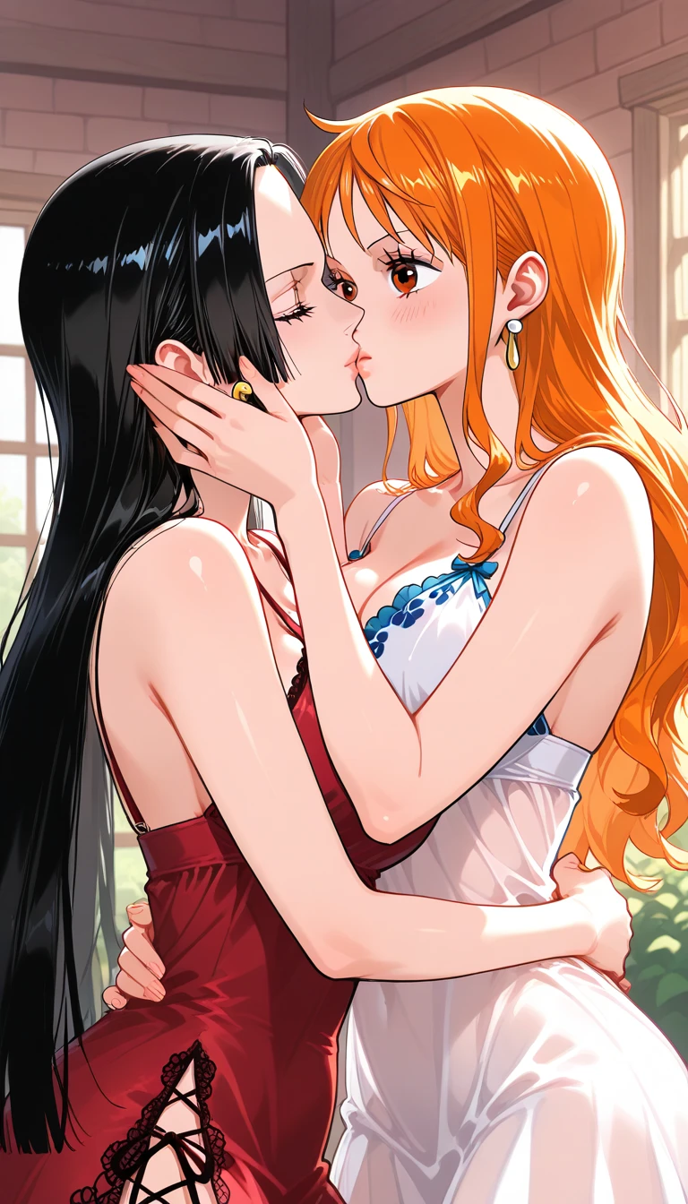 art by Eiichirio Oda, moonlit night, hotspring, dark ambient, nami wearing an off shoulder bathrobe, nami sitting beside water, nico robin's legs are under water, nico robin's body is wet, nami is kissing nico robin's neck from the back, their private parts are covered in bathrobe, yuri romance