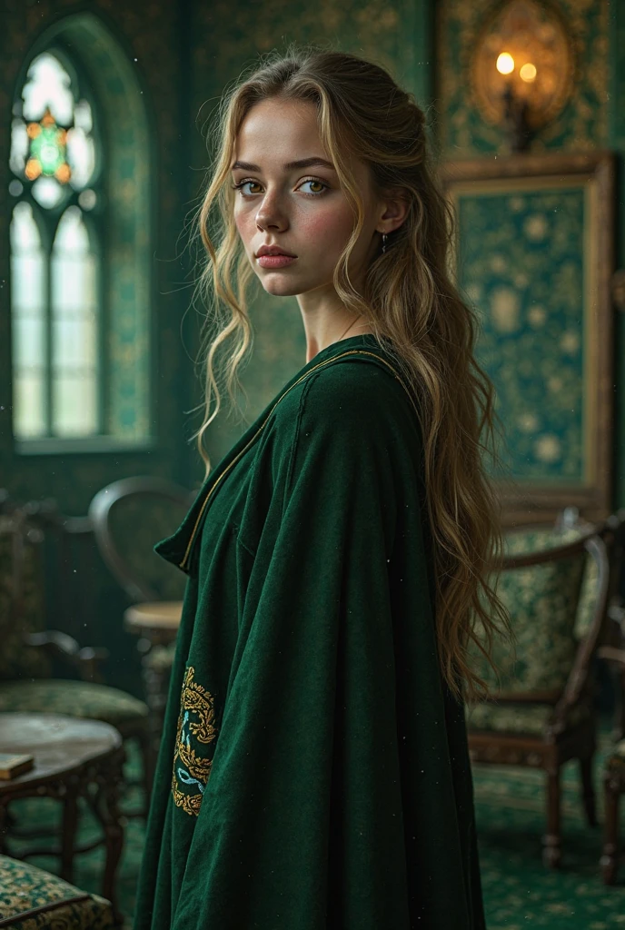 A girl with wavy hair, Black short, white skin and hazel eyes. In a Slytherin house uniform