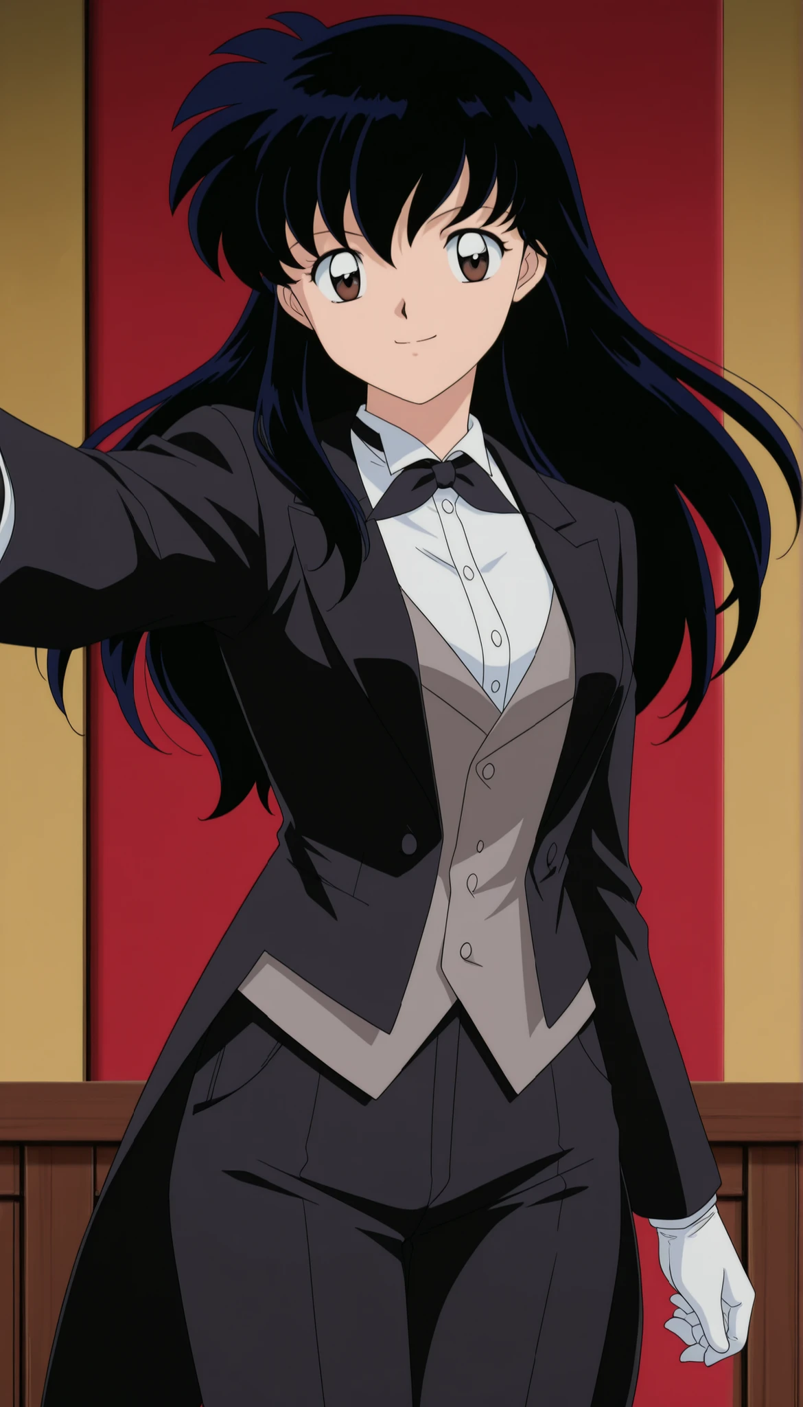 masterpiece, best quality, amazing quality,, kagome higurashi, long hair, black hair, retro artstyle, brown eyes, anime screencap, anime coloring, tuxedo tailcoat, butler, pants ,, woman in a formal suit,she's looking at the camera with a calm smile,,, indoors,smile,, gloves ,masterpiece,best quality,amazing quality, ,,reaching at viewer,,,,, looking at viewer, solo,, cowboy shot, solo