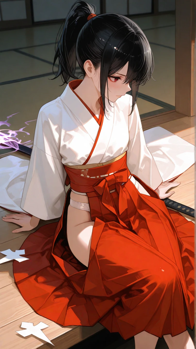 hight resolution, top-quality, ultra-quality, The ultra-detailliert, lighting like a movie、Girl in red priestess suit、Short Hakama、A dark-haired、traditional Japanese room、sitting and spreading her legs、White small panties、embarrassed from、full of sweat、Wearing sweat、